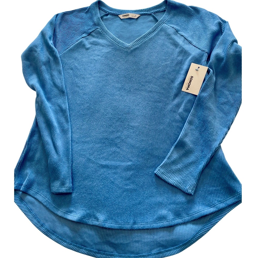 Sonoma Misses Blue Ribbed Knit V-Neck Long‎ Sleeve Top Comfy Casual